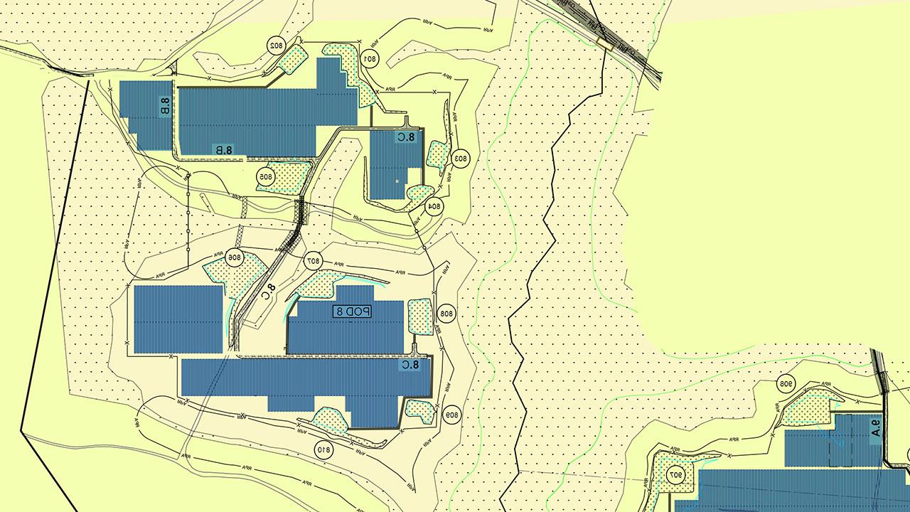 Solar site layout in blue with topographic elements in cream created by Tetra Tech renewable energy engineers