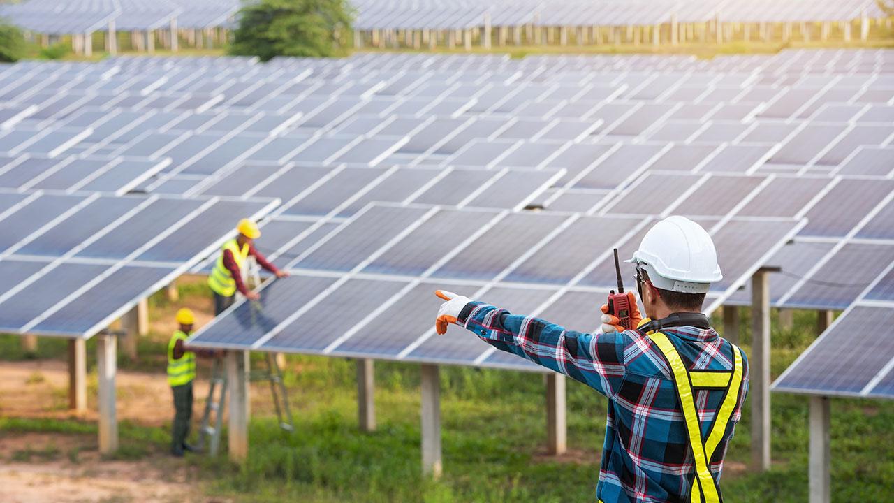 Workers install solar panels in a large array